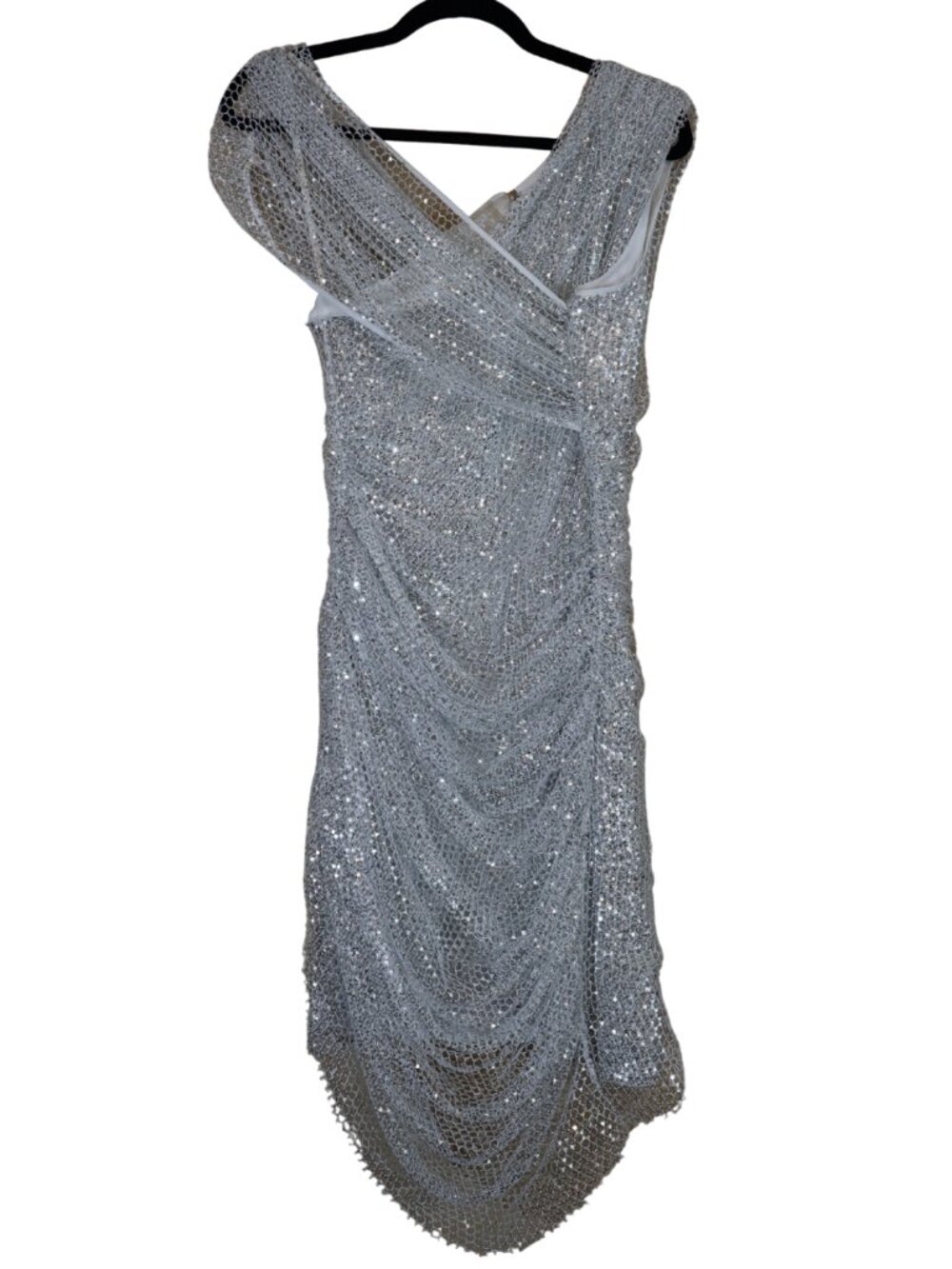BCBGMAXAZRIA x Maeve Reilly "Santa Monica" Silver Mesh Mini Dress.